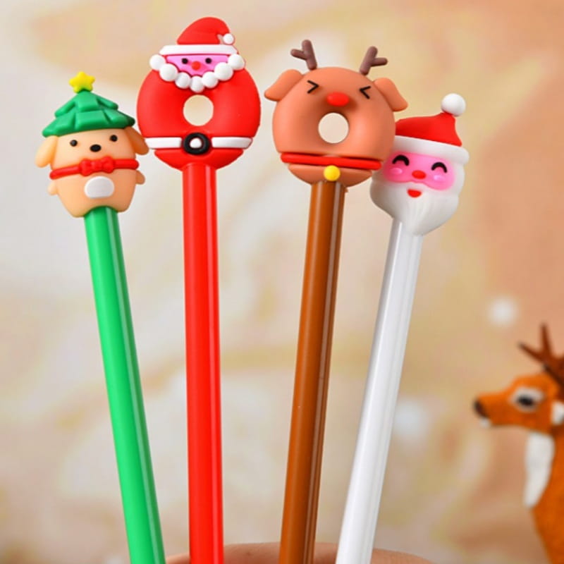 four colorful christmas-themed plastic pencil toppers in green puppy tree hat red santa claus with white beard and belt brown reindeer with antlers and nose and white santa face featured in christmas gel pens 12 pack festive holiday stationery
