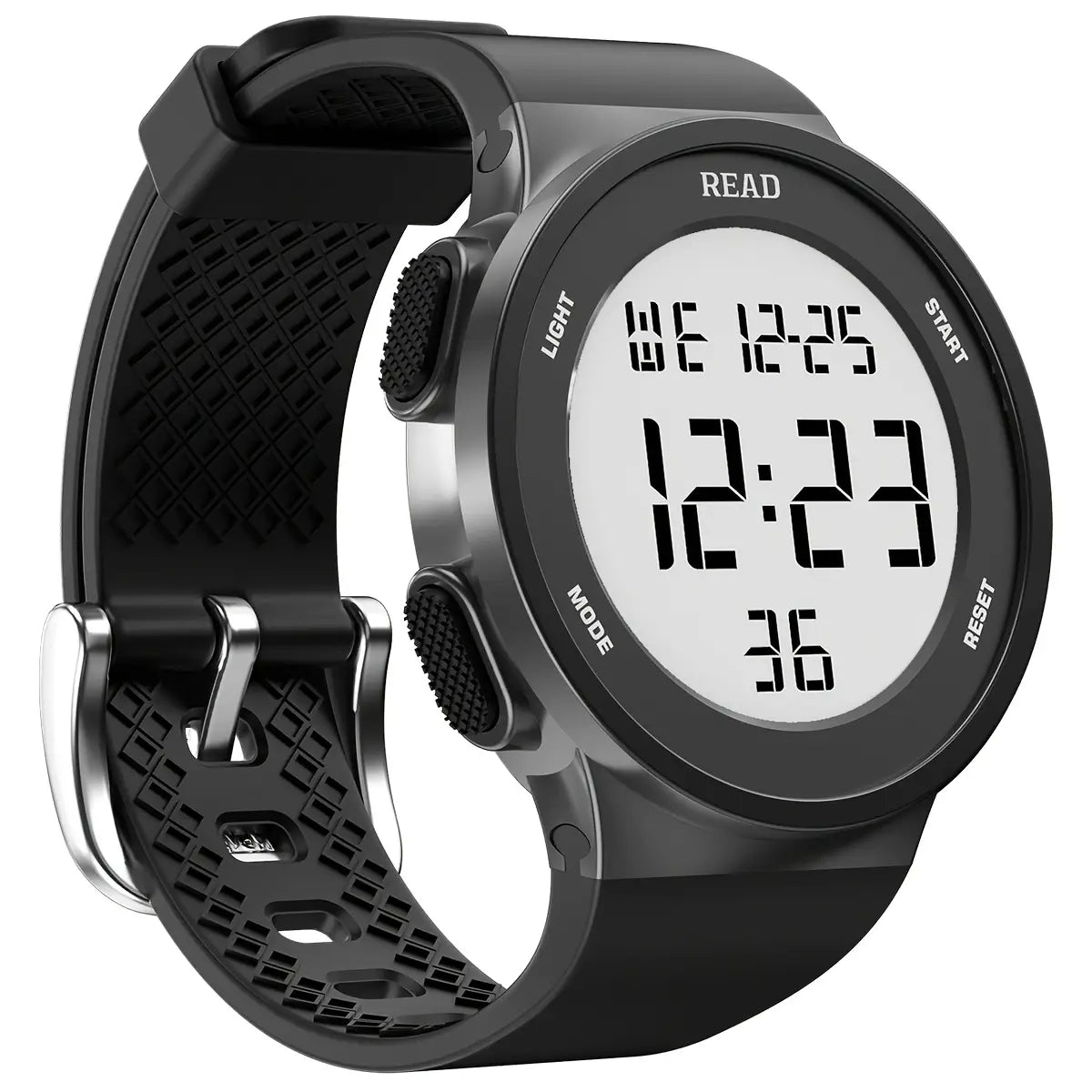 Black digital sports watch for women with a textured rubber strap and silver-toned buckle designed as a waterproof fitness timepiece with white LED display.
