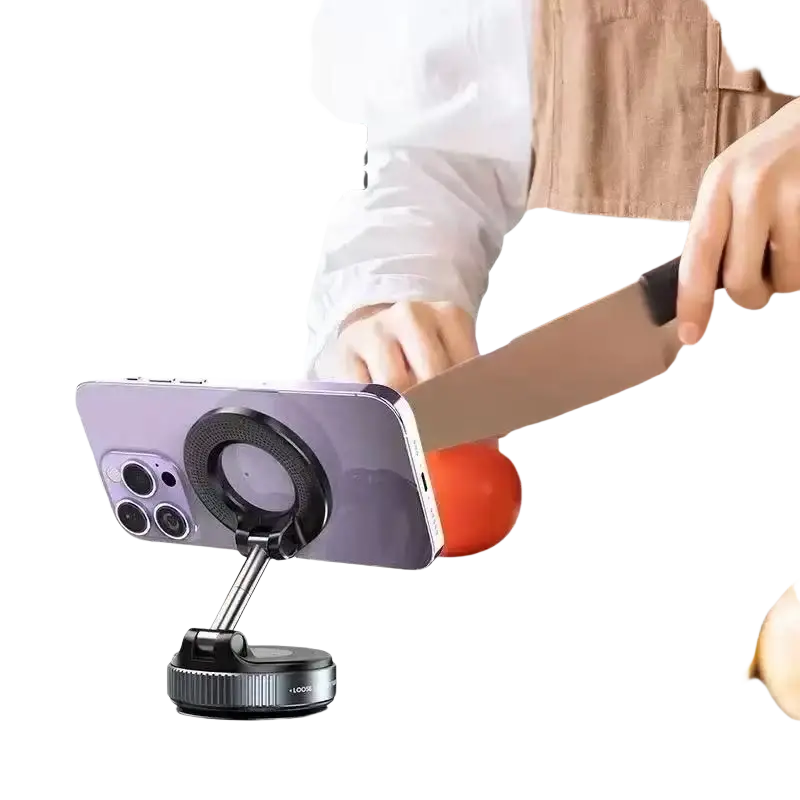 Purple smartphone mounted on a black foldable magnetic car phone holder with 360° rotation and stable magnetic attraction