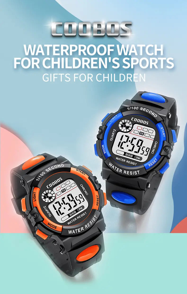 black and blue coobos waterproof kids watch digital watch with orange accents and led display designed for sports use