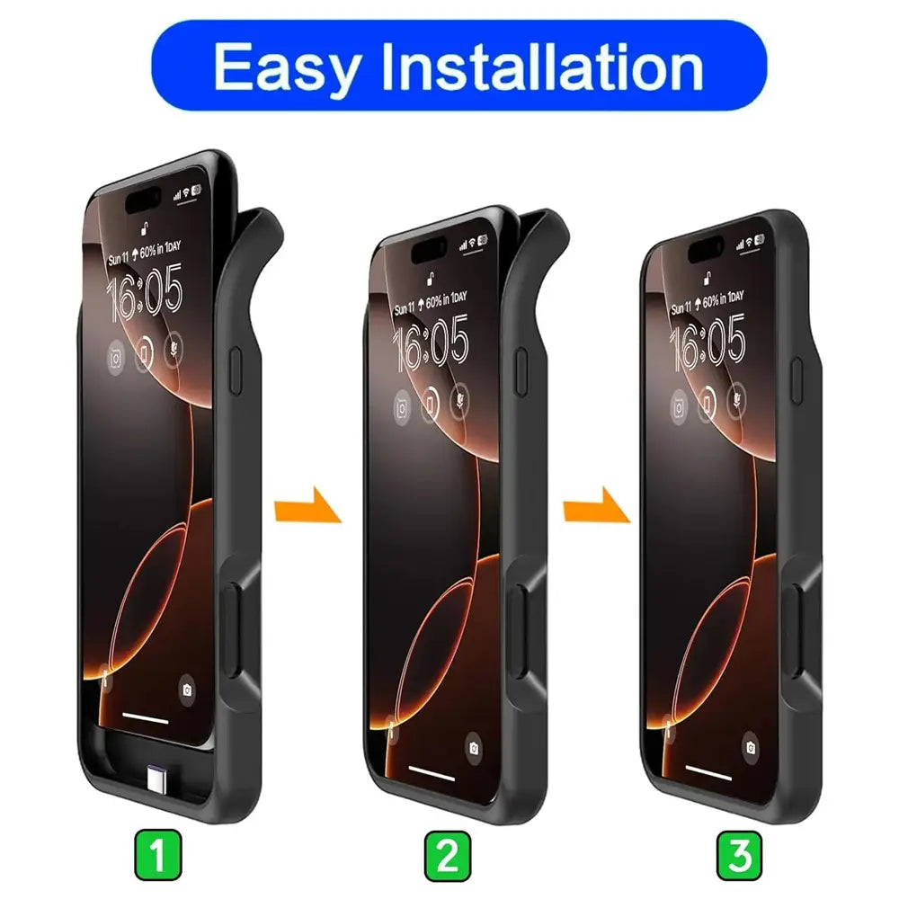 Schwarze Pro-Max-Akku-Ladehülle für iPhone 16- und 17-Serien, die die Rückseite mit integriertem Akkupack und magnetischem Ladeanschluss zeigt