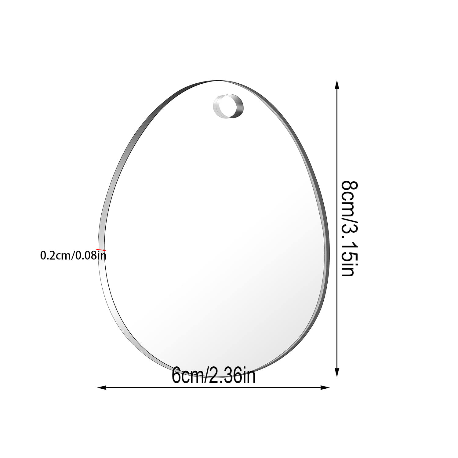 Ornement vierge en acrylique pour œuf de Pâques de forme ovale, argenté, avec une surface lisse et réfléchissante, et un petit trou en haut pour la fixation.