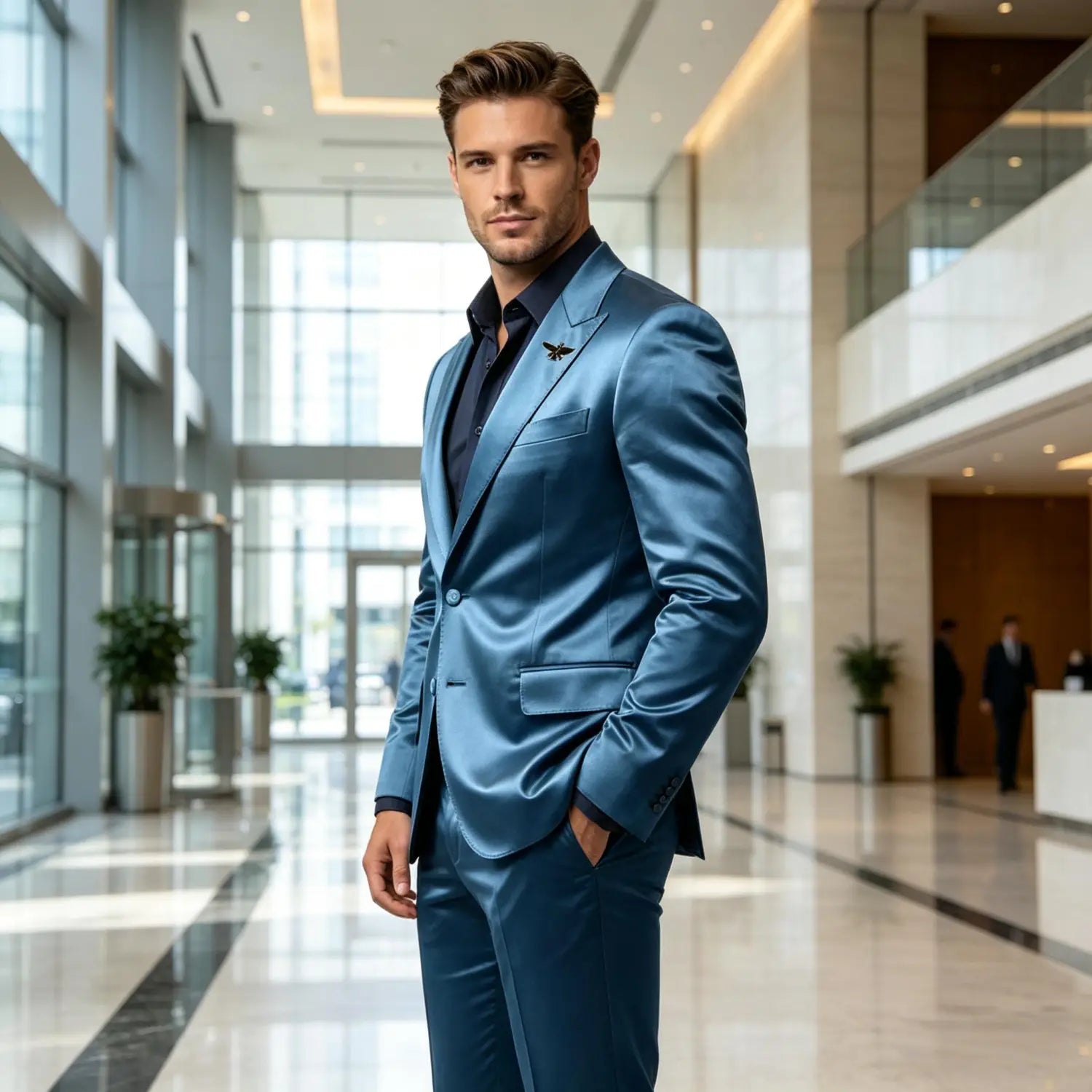 Ein eleganter Herren-Satin-Tuxedoanzug Slim Fit blau, zweiteilig, mit Satin-Finish und dezentem Schimmer.