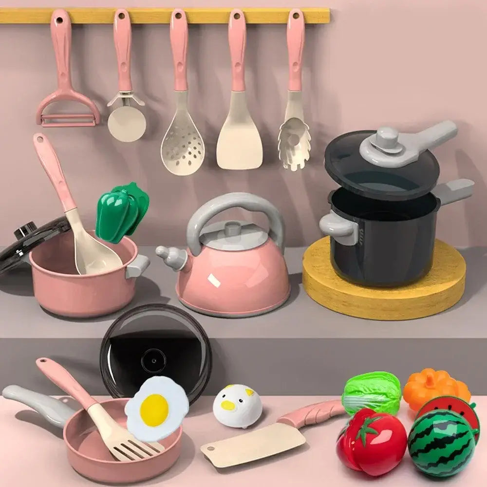 Runde Teekanne aus pinkem Kunststoff mit grauem Deckel und Griff aus dem Set für Küchenzubehör zum Spielen, Kochspielzeug für Kinder.