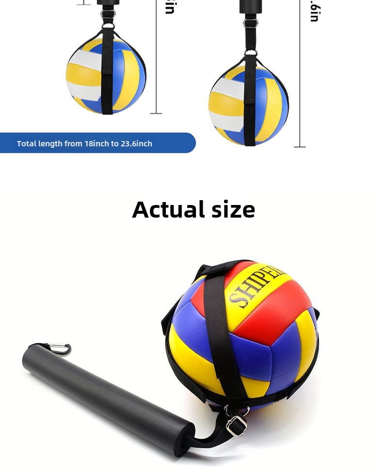 Volleyball spike training system adjustable outdoor aid featuring a colorful volleyball-style punching bag with bold red, yellow, blue, and white panels and black straps with a metal clasp.