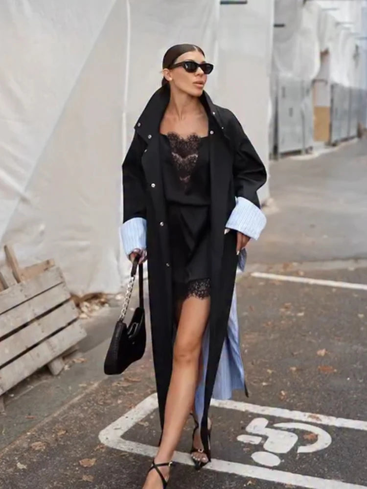 Women Long Trench Coat Elegant Lapel Single Breasted Striped Lining Side Slit Oversized Jacket Urban Commute Casual Outerwear