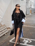 Women Long Trench Coat Elegant Lapel Single Breasted Striped Lining Side Slit Oversized Jacket Urban Commute Casual Outerwear