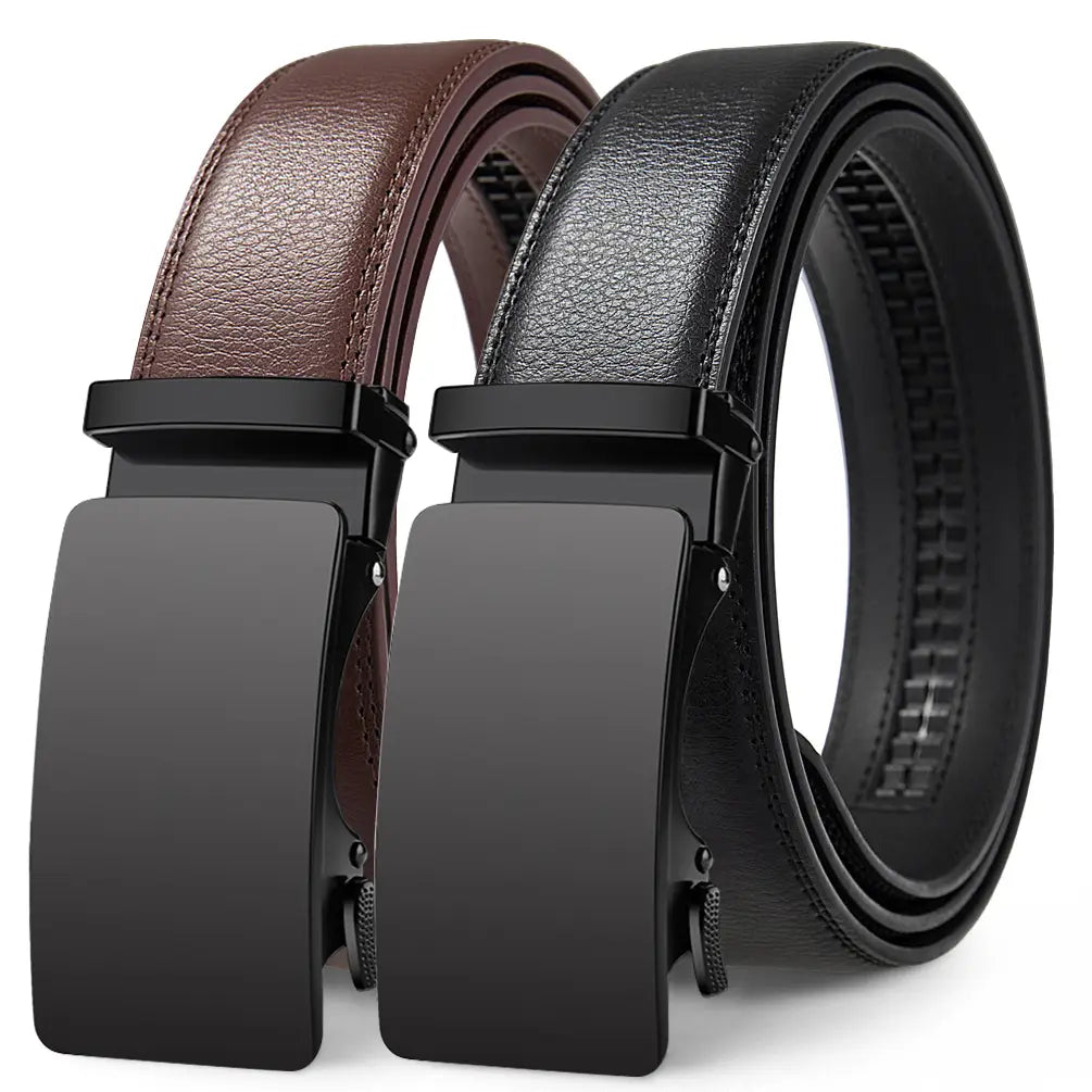 Oyifan ratchet leather belt for men featuring brown and black leather with matte-finish automatic buckles.