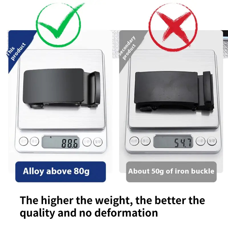 Black alloy belt buckle with a matte finish and sturdy rectangular design on the Oyifan ratchet leather belt for men.