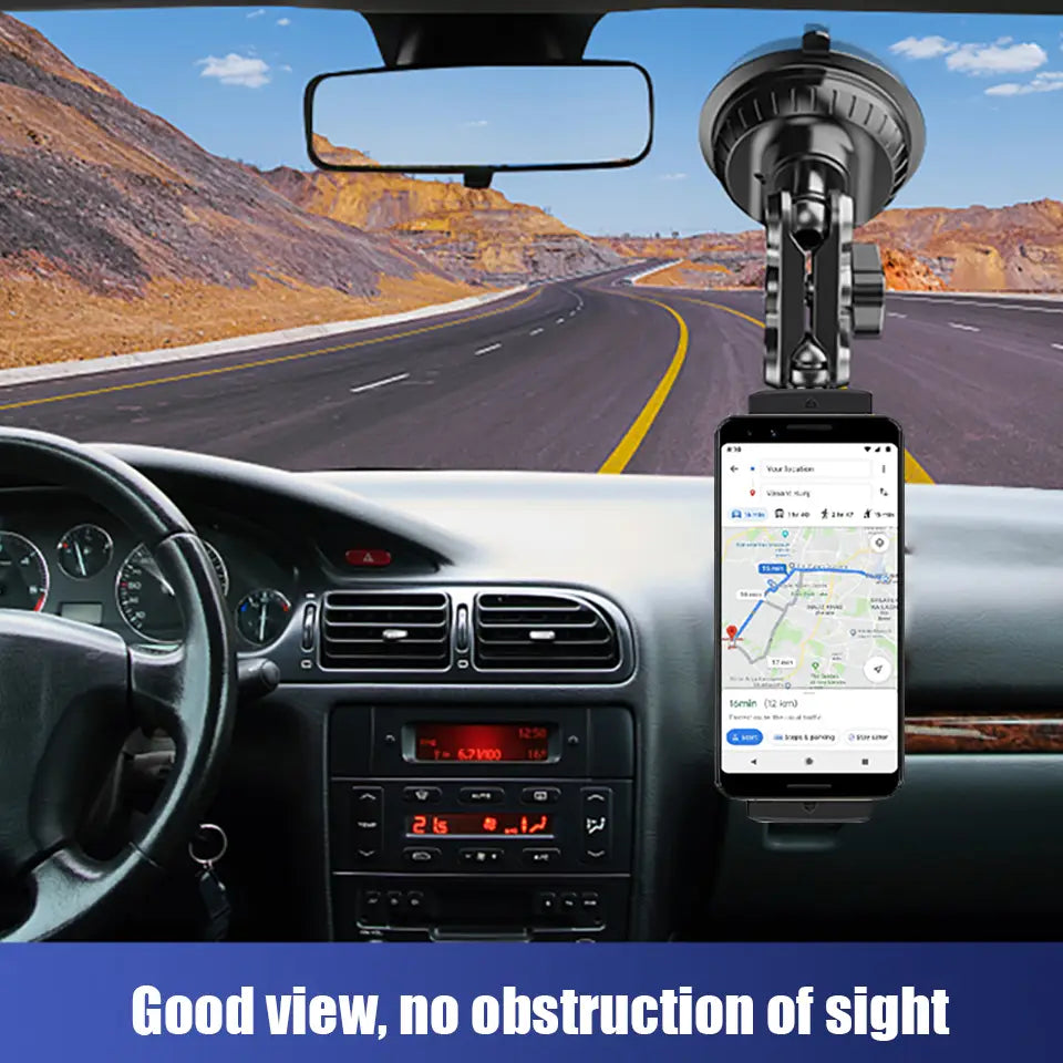 black smartphone mounted on a tablet holder suction cup windshield mount with adjustable arm for similar size devices in a car