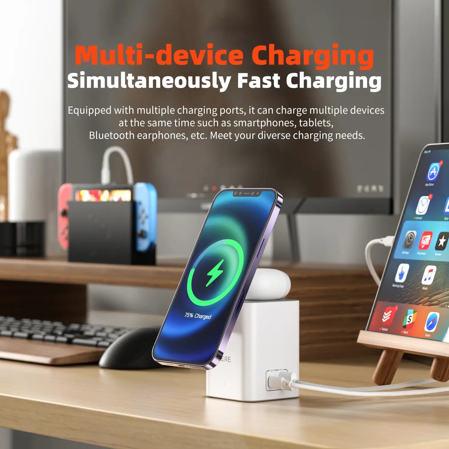 Weiße rechteckige magnetische Wireless-Lade station 65 W mit mehreren Anschlüssen für gleichzeitiges Schnellladen von Smartphones, Tablets und Bluetooth-Earphones.