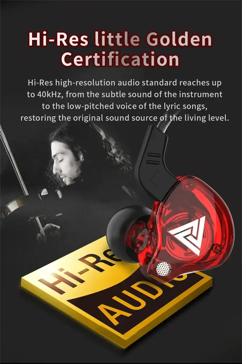 Red transparent qkz ak6 in-ear headphones with mic featuring a white triangular logo on the housing.