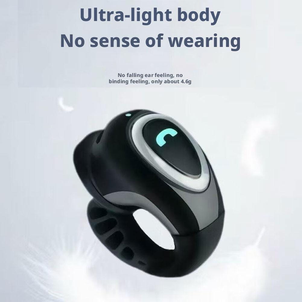 Black and silver open ear clip on wireless Bluetooth earbuds with a sleek ergonomic design and a glowing blue call icon on the surface.