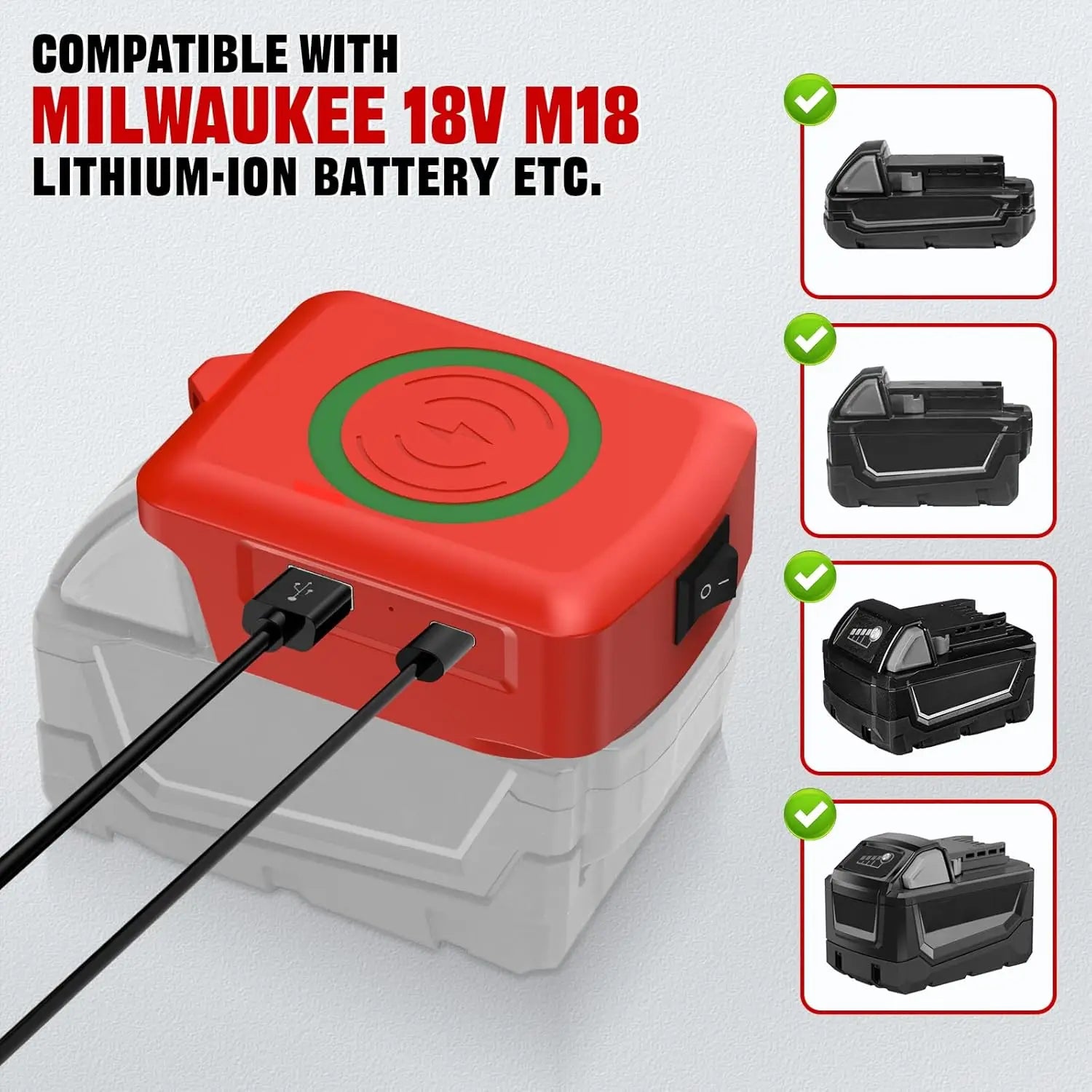 Cargador de batería de iones de litio Milwaukee 18 V M18 rojo y blanco, con indicador circular de carga verde, diseñado para un protocolo de carga rápida en un dispositivo de carga rápida de banco de energía inalámbrico.