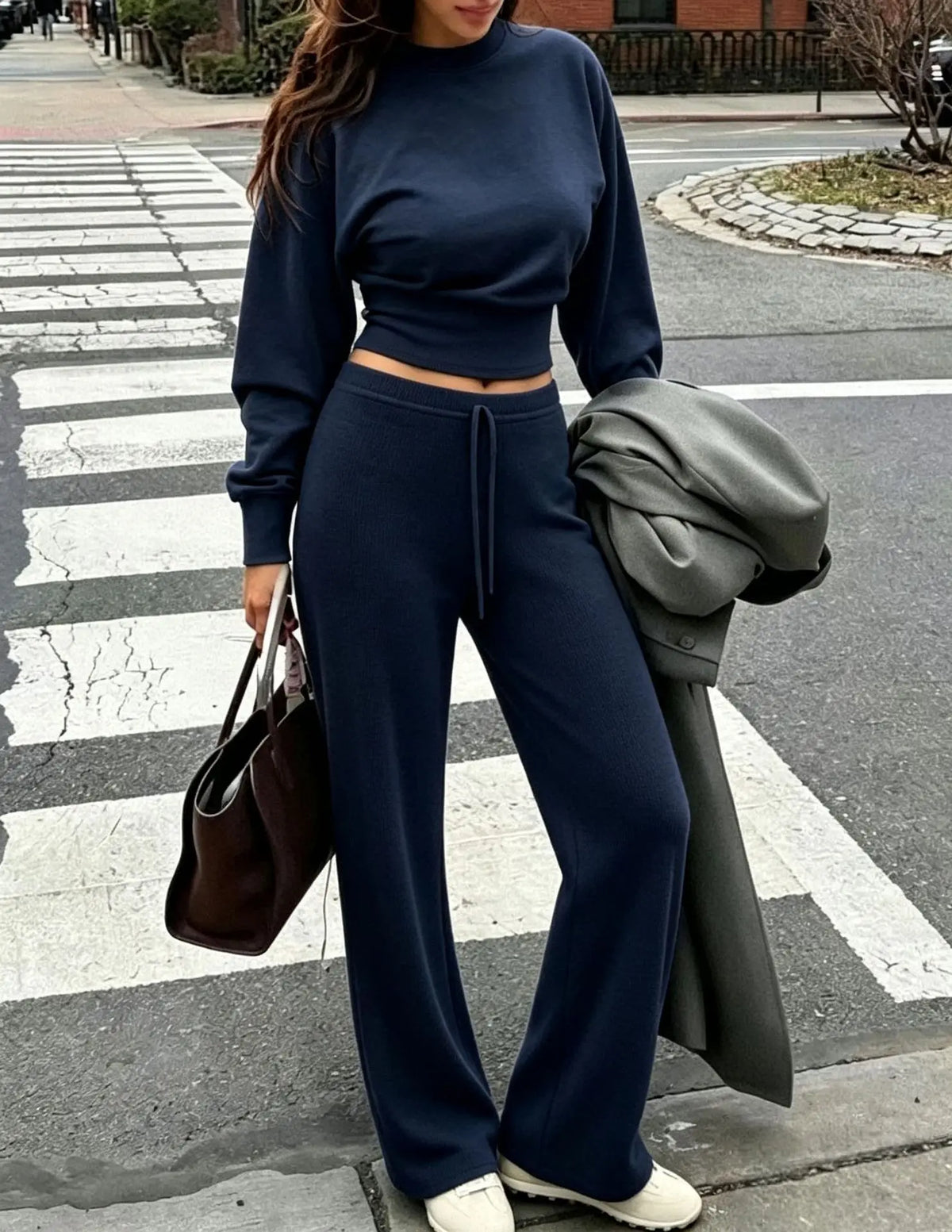 Women's Clothing Autumn and Winter New Casual Waist Top Wide-leg Pants Home Daily Two-piece Set
