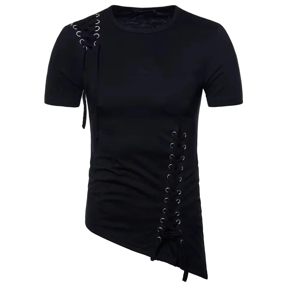 New Men's Summer Short Sleeve T-shirts Trend Irregular Design Lace Up Solid Slim Tees Fashion Gothic Style Casual Shirts Men