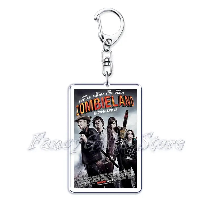 Silver rectangular acrylic keychain featuring a printed movie poster for Zombieland with the tagline nut up or shut up from the Movie Poster Acrylic Keychain Set.