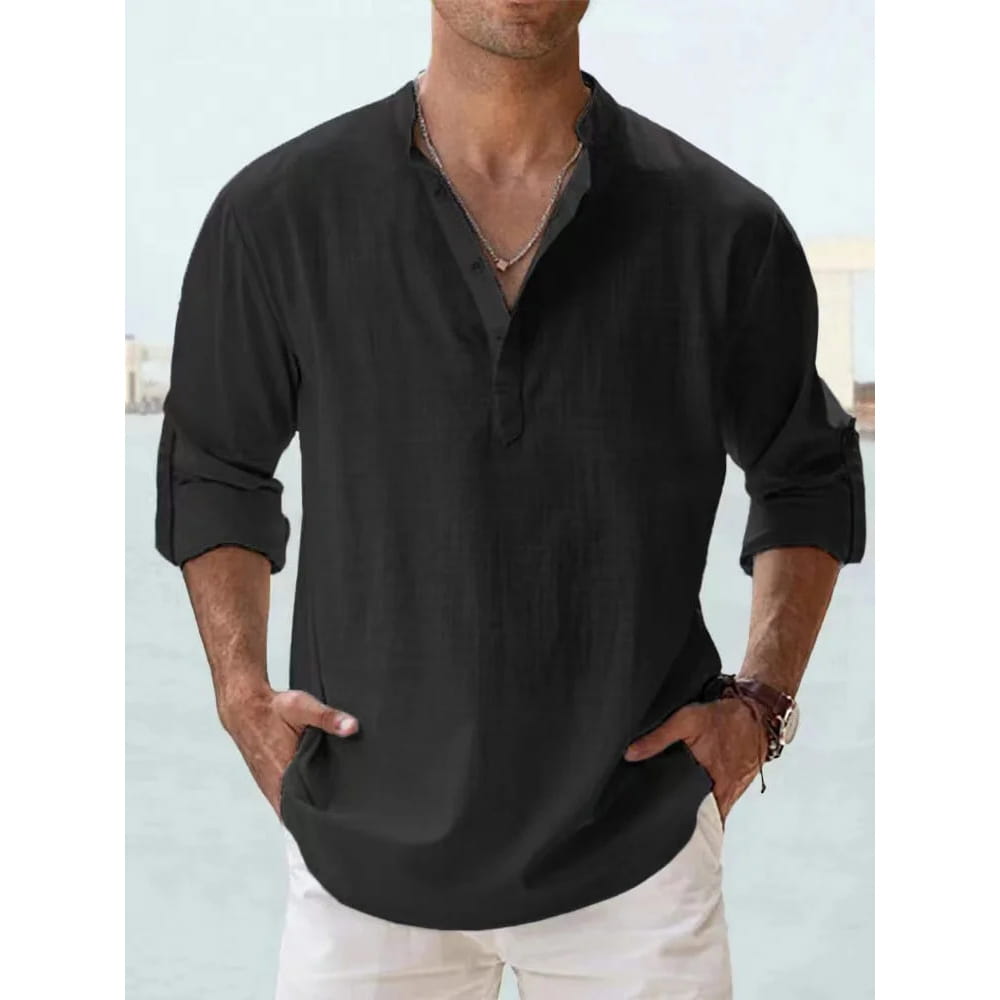 Men’s black cotton linen long sleeve casual shirt with v neck and rolled up cuffs.