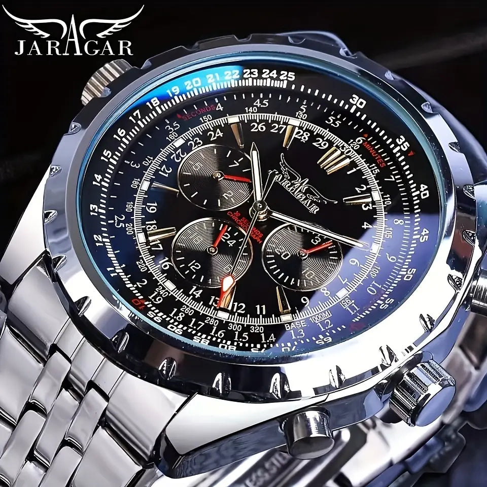 Mechanical stainless steel men’s chronograph watch featuring a silver-toned jaragar case with a black dial, blue accents on the bezel and subdials, and three smaller stopwatch function dials.
