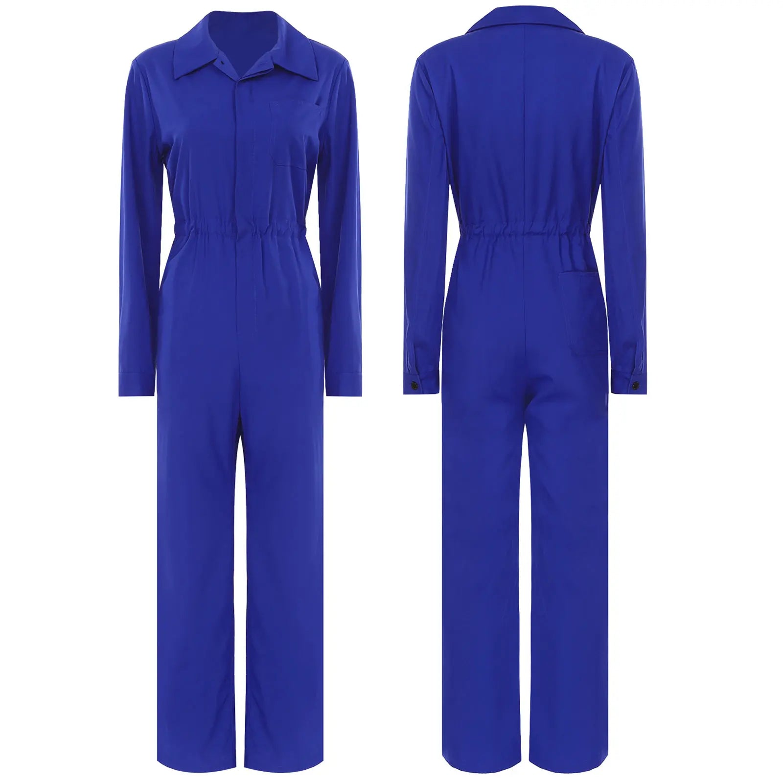 Royal blue long sleeve utility jumpsuit featuring a collar and elastic waistband designed for women.