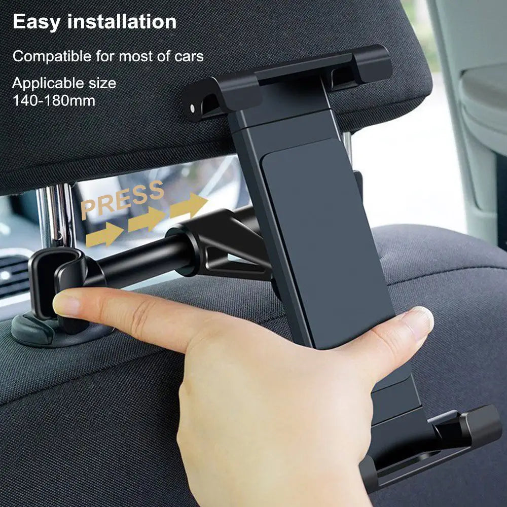Soporte para tableta para reposacabezas de automóvil de plástico negro con abrazadera ajustable y brazo deslizante para dispositivos de 4,7 a 13 pulgadas, mostrado desde el lado posterior.