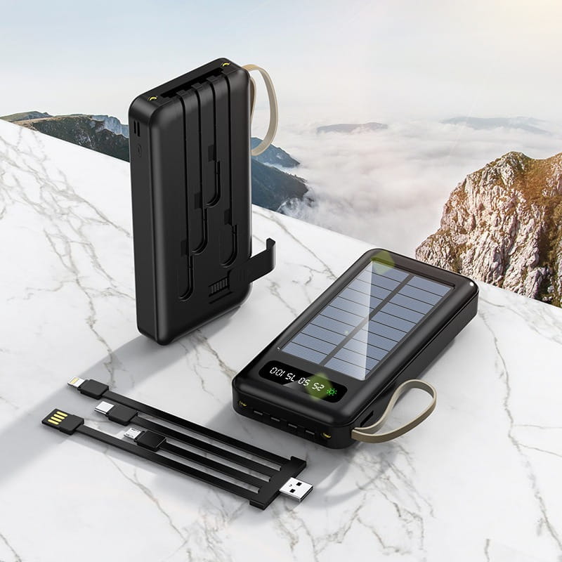 Banco de energía solar negro con capacidad de 20000 mAh que incluye carga rápida, pantalla integrada y múltiples puertos USB para uso portátil.