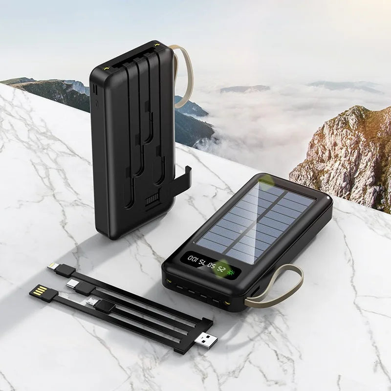 20000mAh Solar Power Bank Large Capacity Mobile Power Fast Charging Battery Dual USB 4 Cables with Mobile Phone Stand