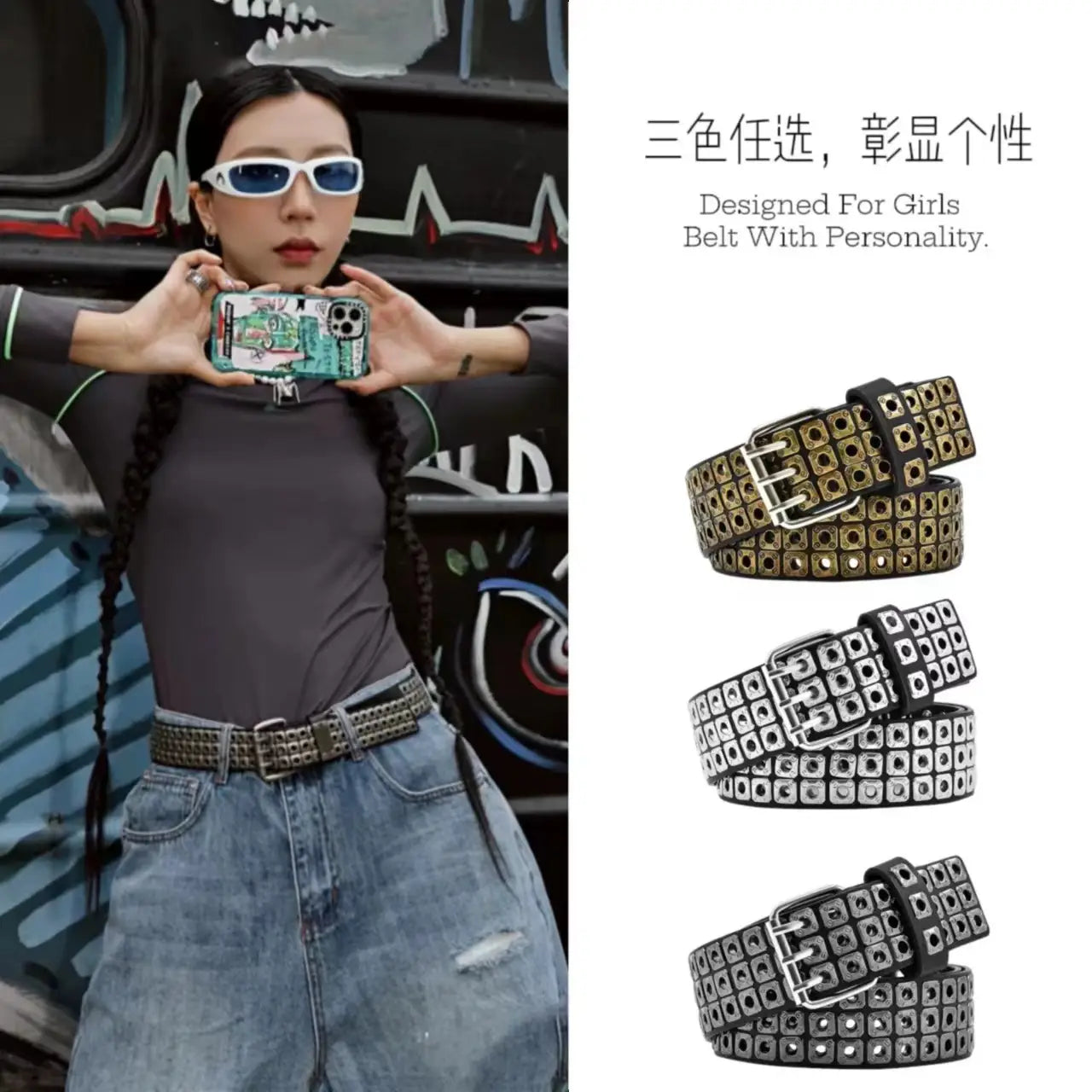 Studded leather punk belt featuring square studs and a metallic buckle in gold silver or black finish.