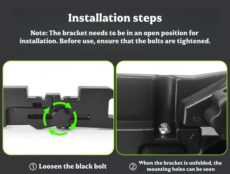 Équerre de montage en plastique noir, avec boulon central et encoches latérales, pour fixer des composants sur un support de stationnement pour vélo réglable et un rack de rangement.