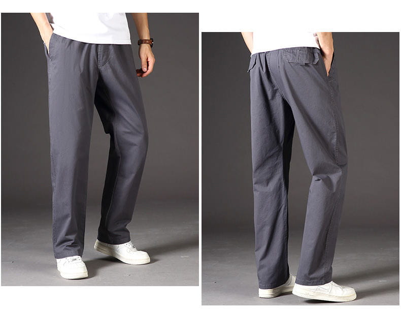 Men cargo pants made of gray cotton chino with a relaxed fit and elastic waistband utility trousers.
