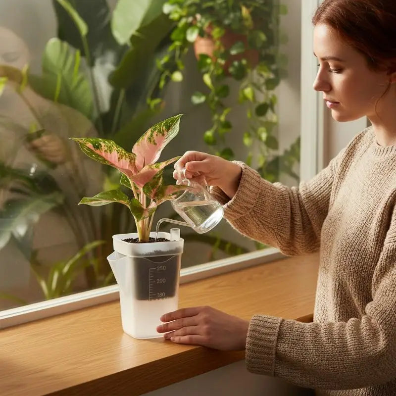 weißer Kunststoff-Blumentopf zur Selbstbewässerung mit abgestuften Maßangaben und klarem Auslauf für kontrolliertes Gießen in einem 5er-Set transparenter Pflanzgefäße