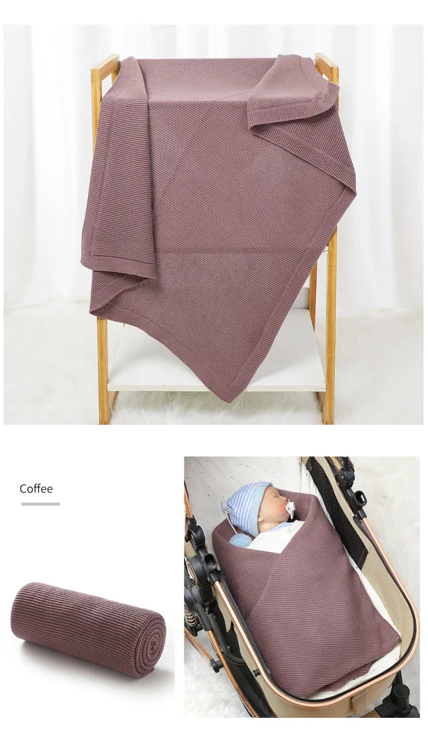 Eine weich mauselila farbene Baumwoll-Babydecke mit gestrickter Struktur und geeignetem gewebtem Muster als Wickelunterlage.