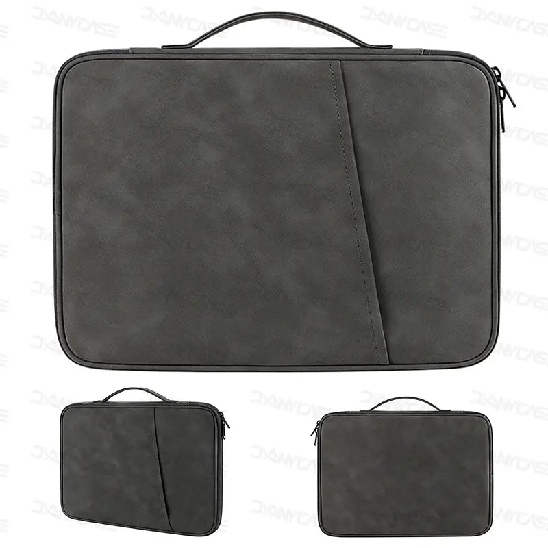 Dark gray faux leather laptop sleeve with top handle and zipper closure designed for 11 to 13 inch pink laptop padded case.