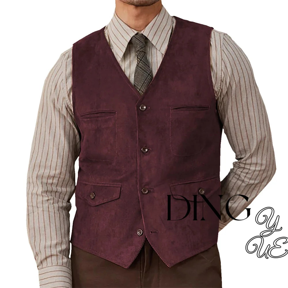 A rich burgundy suede western vest with a classic button-front design and two front pockets featured as an olive green suede western vest product.
