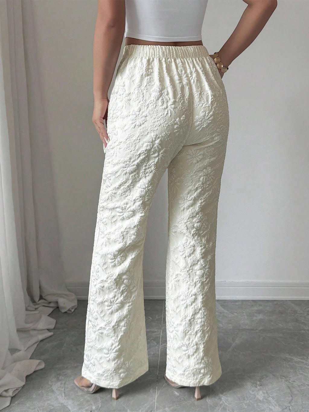 Women Wide Leg Pants Elegant Jacquard High Waisted Pants Elastic Loose Solid Color Casual Pants, for Daily Holiday Street Wear