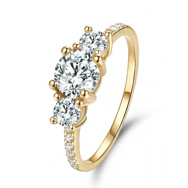 Sterling silver zircon ring for women with gold-toned finish featuring three prominent round-cut clear stones set in a delicate pave-detailed band.