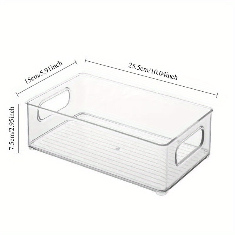 Organisateur de rangement en plastique transparent empilable fabriqué dans la partie continentale de la Chine, présentant un design rectangulaire transparent avec des poignées intégrées et une base intérieure nervurée, produit réel.