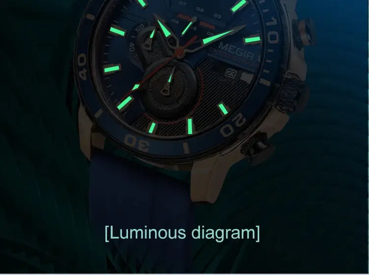 Megir men chronograph quartz sport watch features a blue and gold design with glowing green luminous hands, markers, and a textured dial.