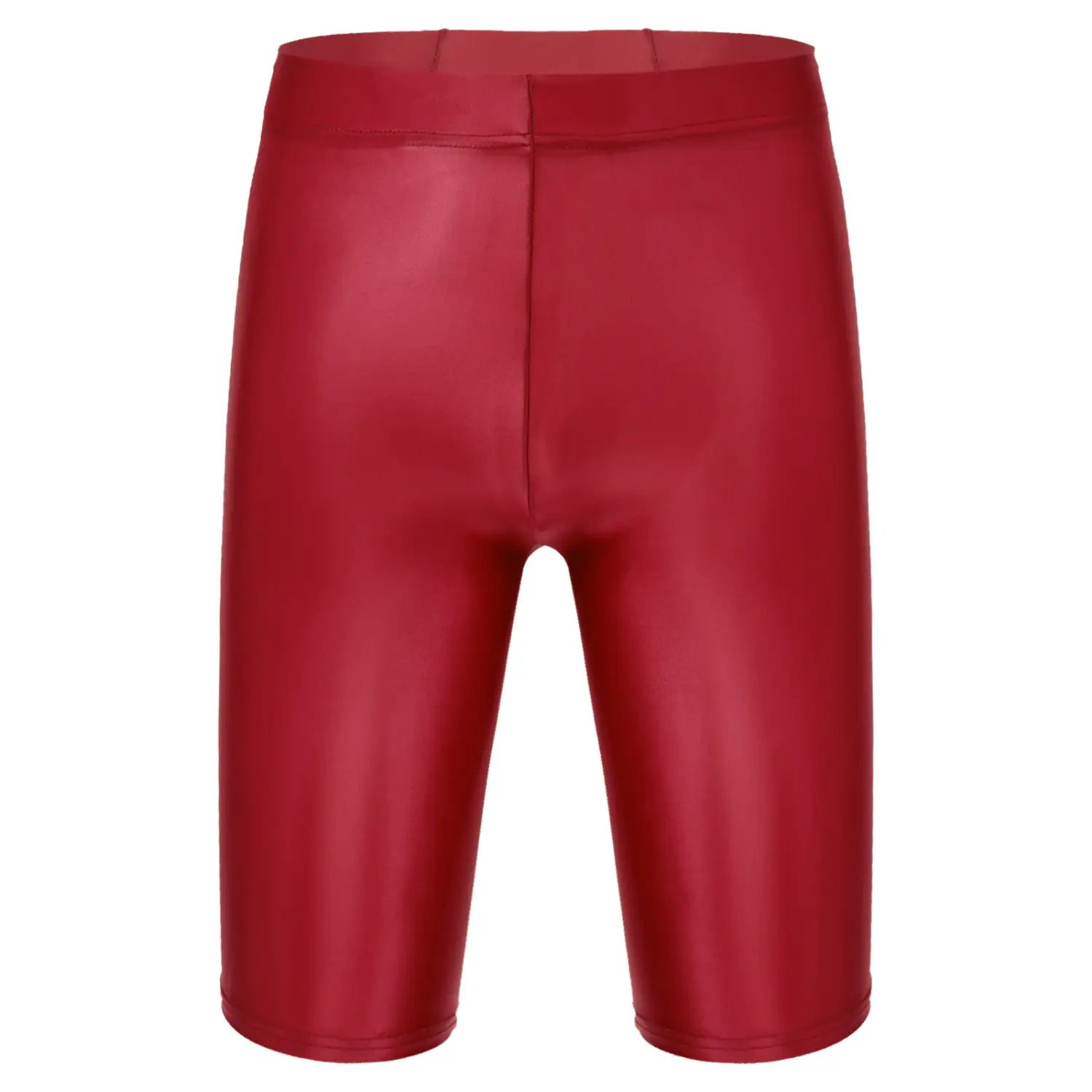 Shorts de bicicleta de cuero sintético rojo brillante, con diseño de tiro alto, combinados con una camiseta de compresión para hombre de manga larga y acabado brillante, mostrada en vista frontal