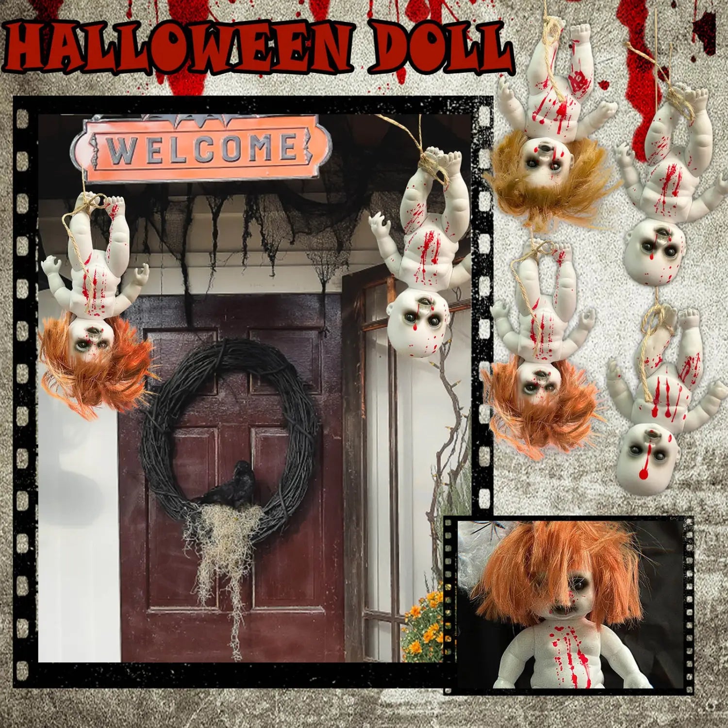 Halloween hanging ghost doll spooky prop made of white plastic with orange hair and red blood splatter details designed as a spooky decorative item.