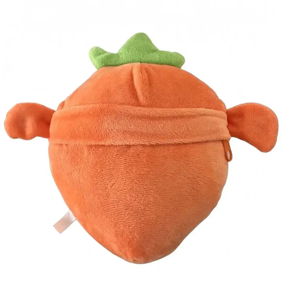 Orange plush carrot-shaped coin purse with green leafy top and soft fuzzy texture designed as a stuffed animal toy.