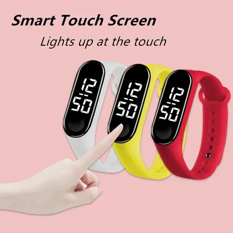 A sleek kids led digital sports watch with a waterproof silicone animal charm wristband available in white, yellow, or red featuring a black smart touch screen displaying 12 50.
