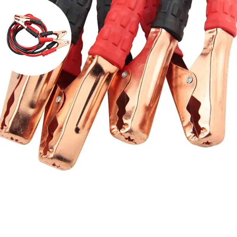 Red and black insulated car booster cable 500a jump start battery clamps with copper-clad alligator clips for vehicle battery charging.