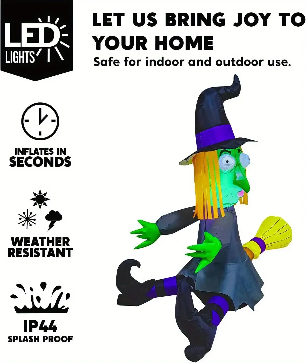 4-Fuß aufblasbare Hexe für den Außenbereich, LED-Dekoration mit einer grünhäutigen Hexe mit gelbem Haar, die einen schwarzen Hut und ein Kleid mit violetten Streifen trägt, beleuchtet durch leuchtende LED-Lichter, und die einen Besen hält.