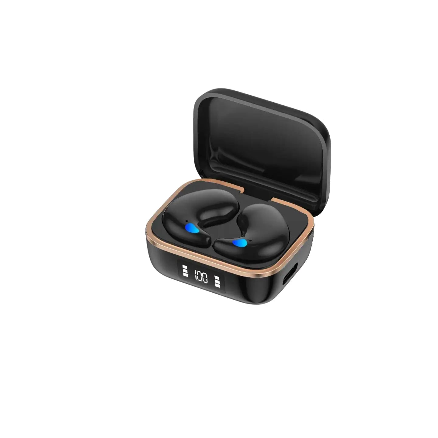 black wireless sleeping earbuds with rose gold trim and blue led indicators resting inside a sleek black charging case displaying 100 on its front panel.