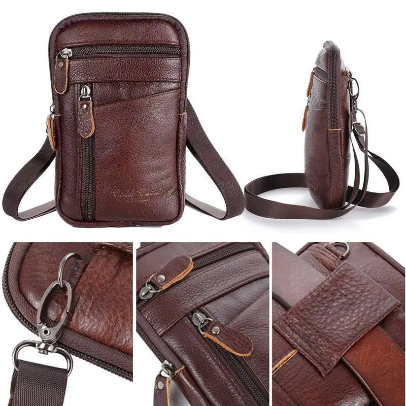 braune Ledergürteltasche für Herren mit mehreren Reißverschluss-Fächern und abnehmbarem Riemen, entworfen als bequeme Gürteltasche und Umhängetasche für das Mobiltelefon.