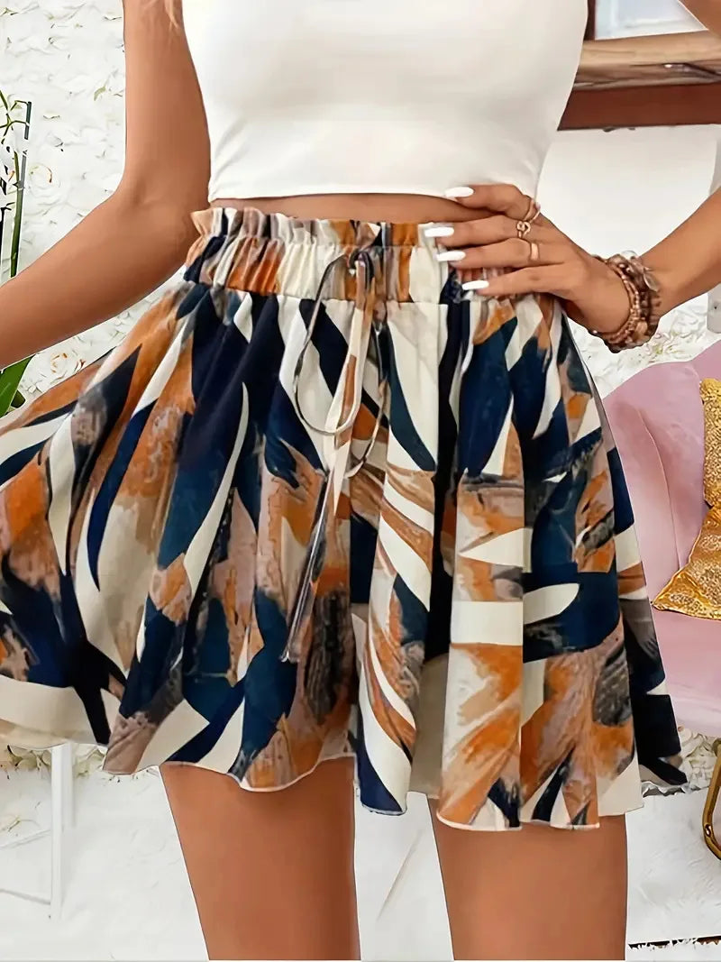 Women's Summer High Waist Wide Leg Shorts Geometric Print Drawstring Casual Loose A-Line Vacation Boho Bottoms