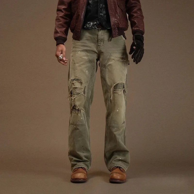 2026 New Men's Denim Trousers Trendy High Street Heavy Holes Old Loose Retro Straight Pants