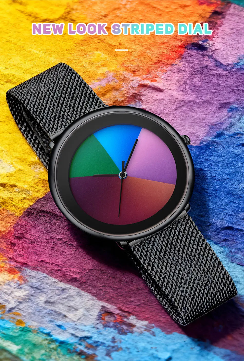 Lige women rainbow dial quartz watch with black mesh strap and colorful striped dial featuring blue green purple and red segments.