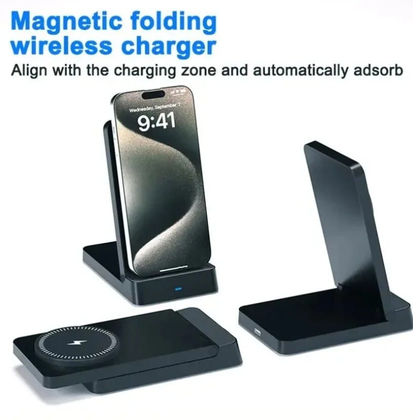 Cargador inalámbrico magnético abatible en color negro con un diseño minimalista y elegante, que incluye un anillo magnético y un indicador de carga circular en la base para una carga inalámbrica eficiente.